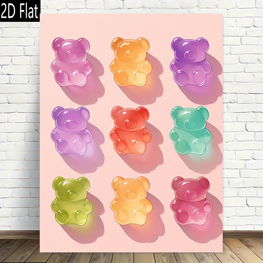 TEMU 2d Flat, 2d Flat, 2d Flat 1pc 2d Flat Pastel Gummy Bear Canvas Poster Featuring A Modern Retro Design With A Soft Pink Backdrop, Suitable For