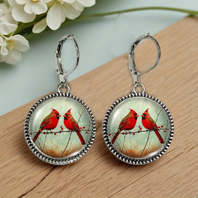TEMU Une paire de boucles d'oreilles rondes en verre vintage avec un couple de cardinaux amoureux