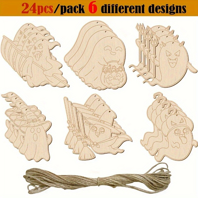 TEMU 2d Flat 24pcs Unfinished Halloween Wooden Ornaments, Painting Craft Kit - Hanging Decor - Halloween Holiday Decoration, Room Party Set, Festive