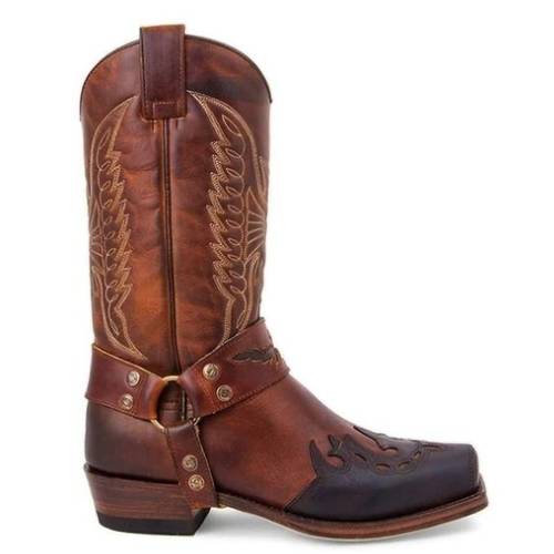 item picture mens brown embroidered harness western cowboy boots square toe stacked heel pull on tall boots for country concert rodeo motorcycle riding