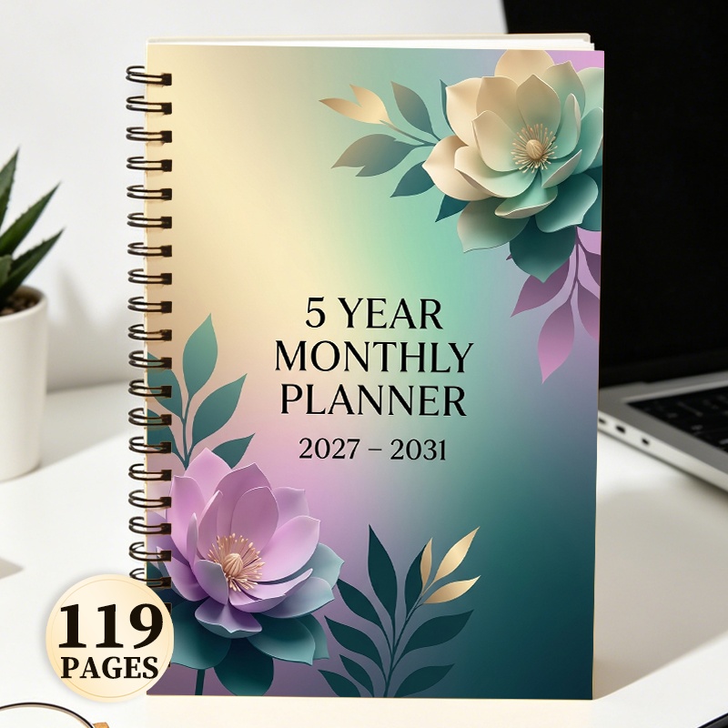 TEMU 119-page 5-year Monthly Journal 2027-2031 Elegant Green Golden Floral Spiral Notebook Applicable For Personal Notes And Goal Tracking Important