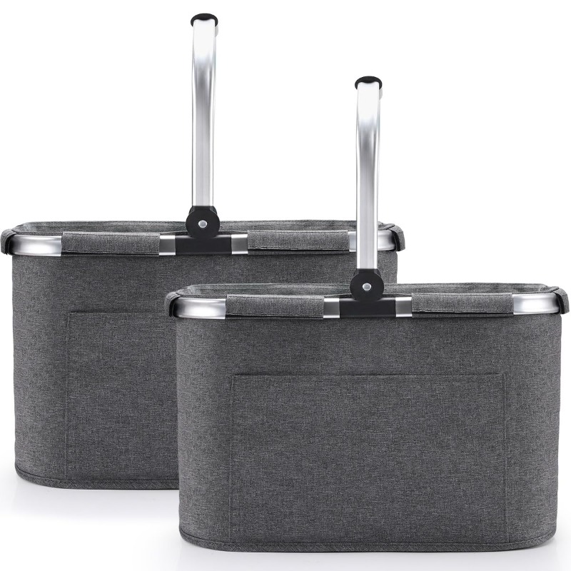 Image of 2 Pack 30l Collapsible Shopping Basket, Foldable Reusable Handheld Grocery Basket With Metal Handle, Portable Storage Basket For Supermarket Shopping, Household Organizing