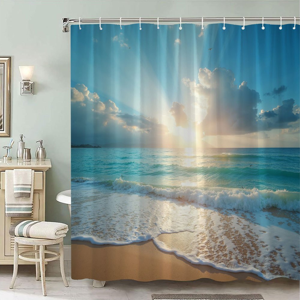TEMU 1 Rideau de Douche Plage au - Dégradé Bleu et Blanc avec de Soleil, Océaniques & Bord Brumeux, 70x70 Pouces en Polyester, 12 Crochets Inclus,