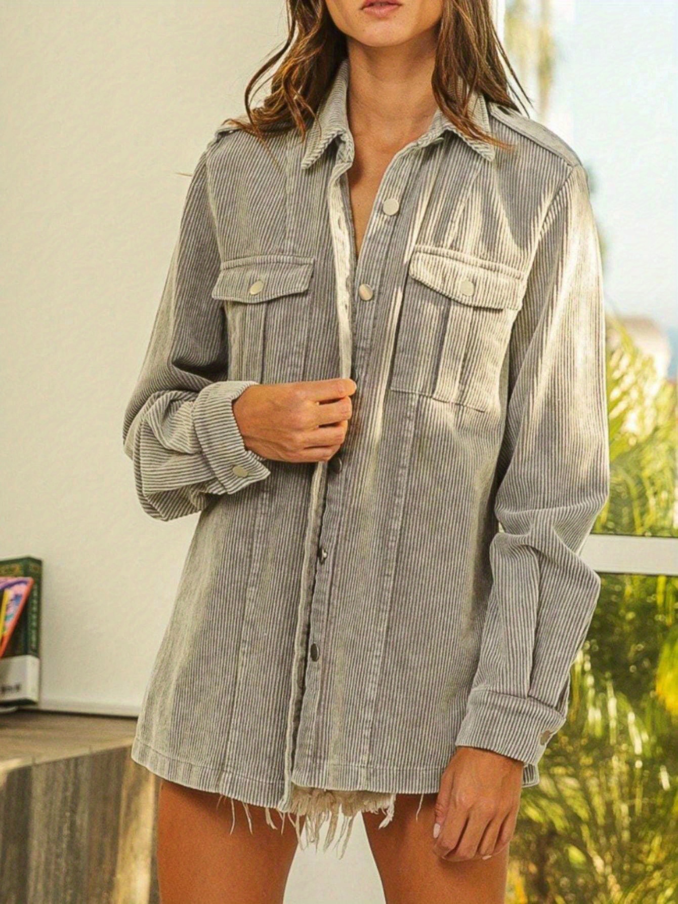 Women's Oversized Corduroy Shacket Brown and Beige Checkerboard Pattern  Long Sleeve Button Front Closure Chest Pockets Collared Neckline R