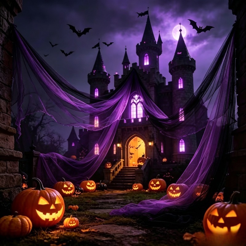 TEMU 4,0 m Rolle schwarz & dunkellila Tüll-Netzstoff, geeignet für Halloween-Horror-Dekorationsnetz, durchsichtige Vorhänge für Spinnennetz-Girlande,