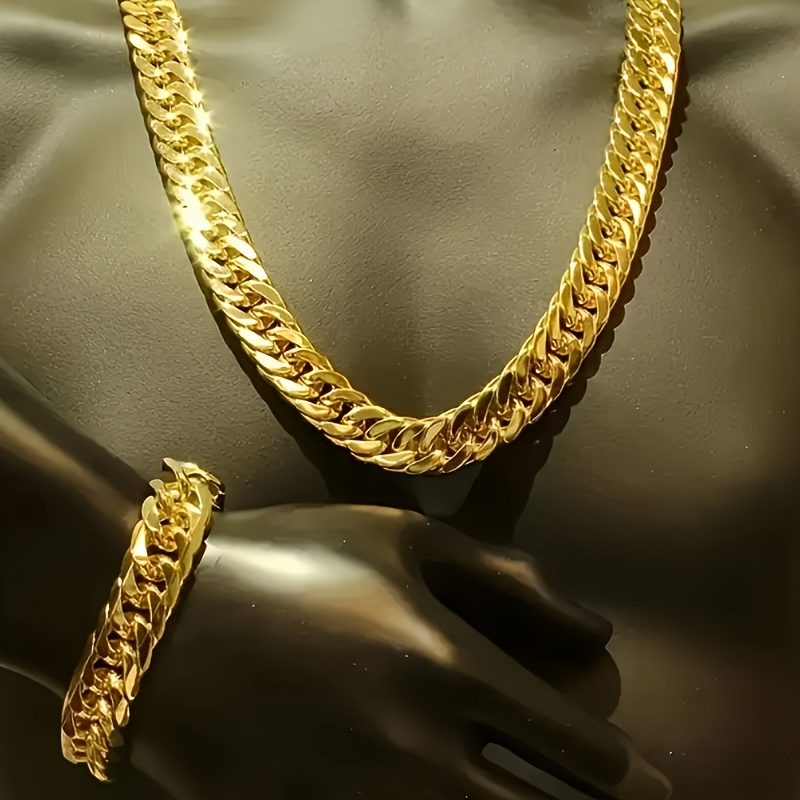 TEMU Ensemble de collier et bracelet à chaîne plate 6 mm plaqué or - Convient aux hommes et aux femmes - Style NK élégant pour un usage et une fête,