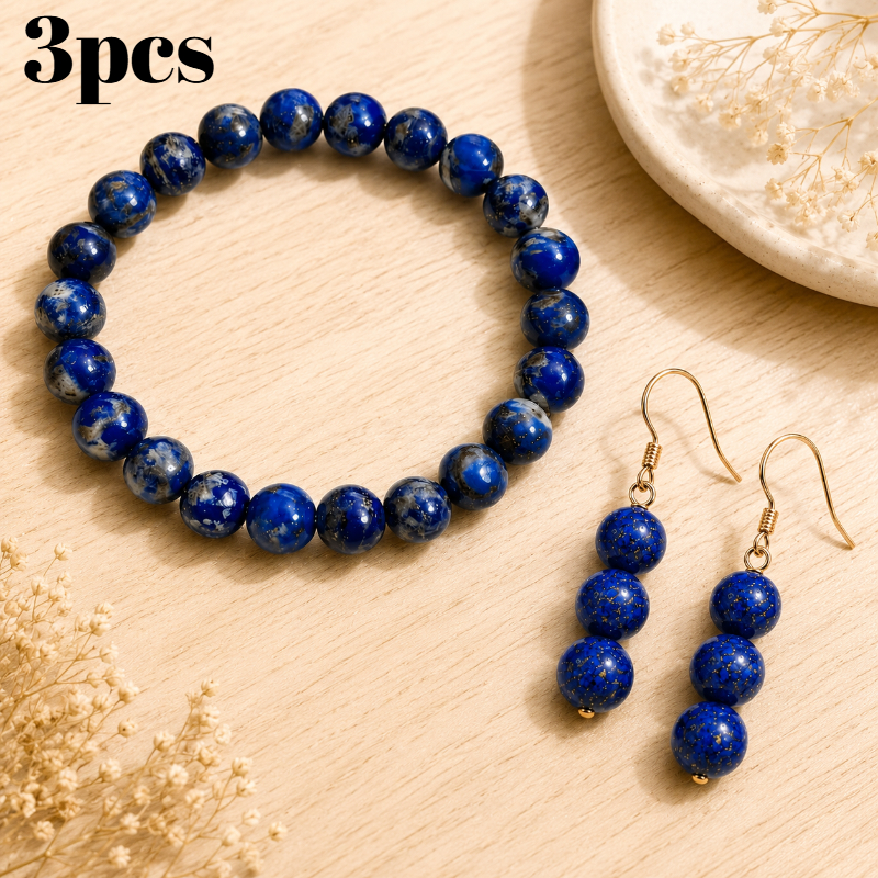 TEMU Natural Beaded Bracelet With Three-bead Long Drop Earrings, Rose Golden Vintage Earrings For Women To , Light Luxury And Versatile. Natural