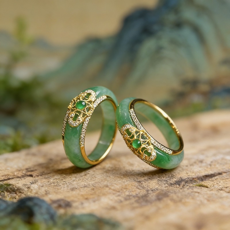 TEMU Women's Elegant Green Jade Ring, With Adjustable Opening, Core And Gold-tone Band, Or Formal Occasions, Wedding/anniversary Gift