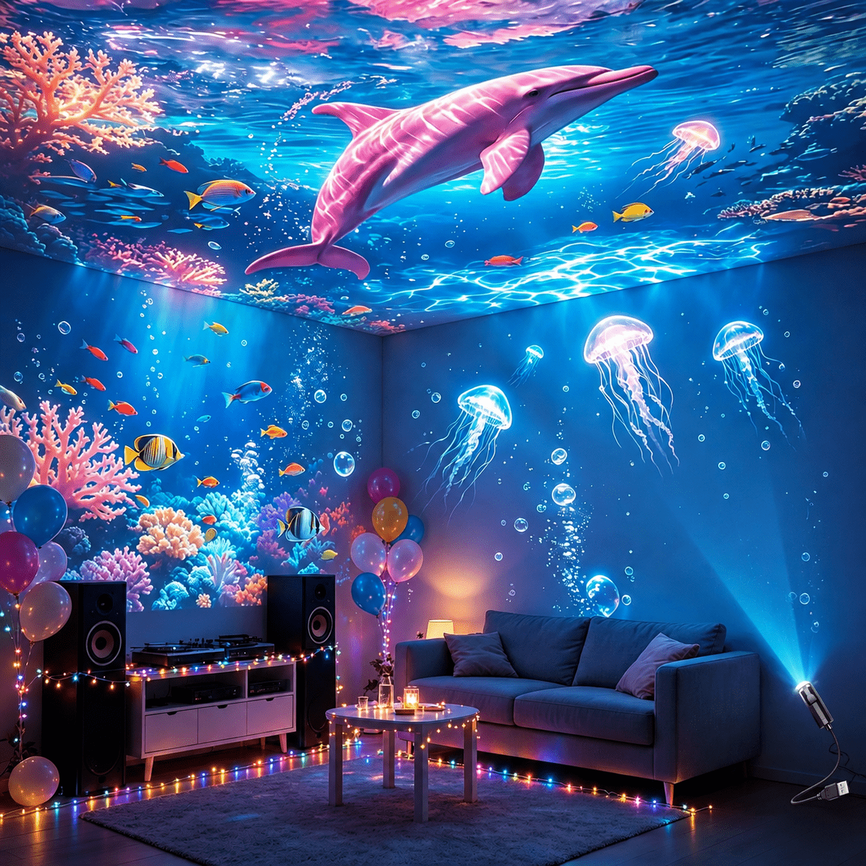 TEMU Portable Usb Ocean Dream Projection Night Light - 360° Rotatable Flexible Gooseneck, Underwater Projection, Usb Plug-and-play, Bedroom Ceiling