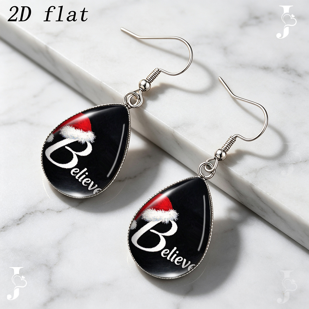 Teardrop Dangle Earrings with Santa Hat Text, Handmade Gift