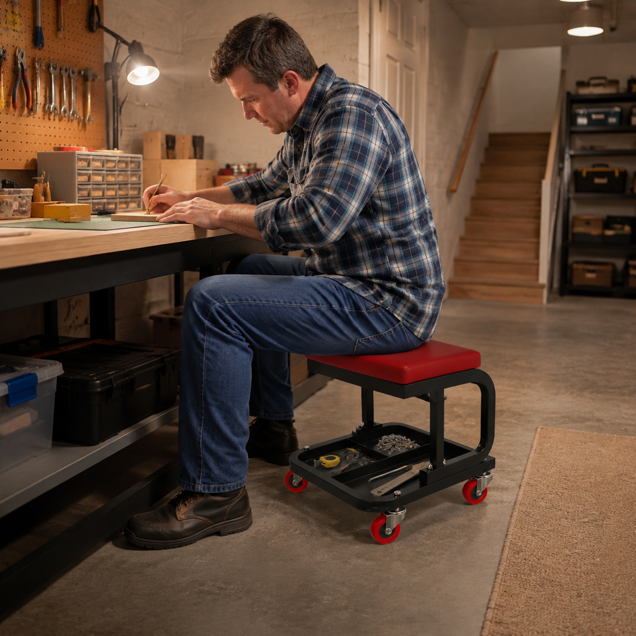 Image of Padded Stool Workshop Stool With Swivel Casters And Storage Tray, Multi-functional Storage Stool For Living Room, Bedroom, And Home Workshop