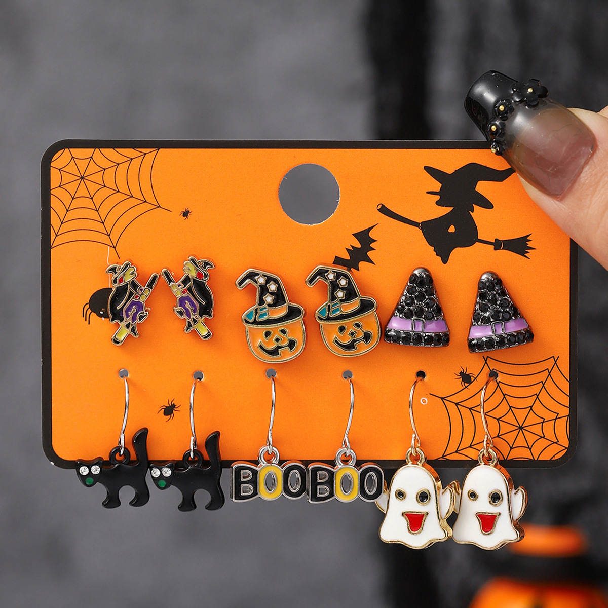 TEMU Halloween 6 Pairs Card Pack Ear Jewelry Set Bat Boo Letter Teardrop Pave Earrings Studs Holiday Party Women's Costume Jewelry
