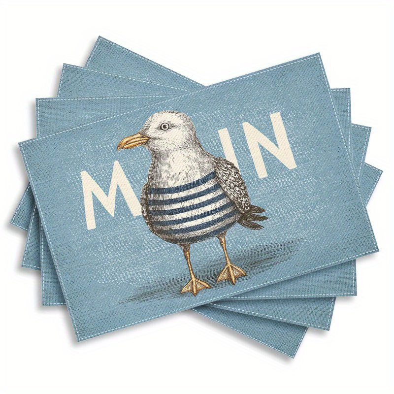 E-shop 4er-Set Niedliche Cartoon-Möwen im gestreiften Matrosenoutfit mit dem Text "MOIN" auf einem Platzkarten. für Esstische, Küchentische,