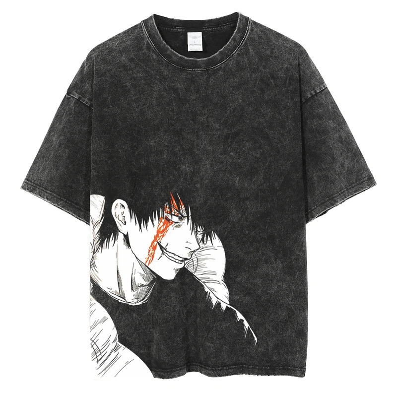 

2024 Men's Washed Japanese Anime Flat Print Shirt Cotton Short Sleeve Summer Oversized T Shirt