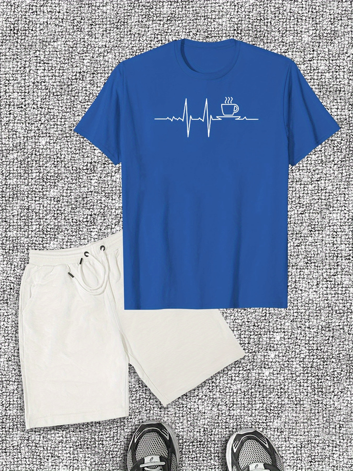 Men's Coffee Signal Pattern Short Sleeve T-Shirt Shorts Casual Set