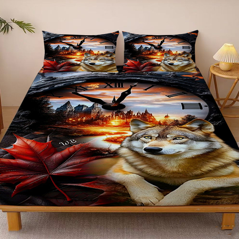 TEMU 1pc Giant Pocket Fitted Sheet With Wolf Shadow Autumn Leaf Castle Sunset Design, Deep Pocket Fitted Sheet, No Pillowcase, Soft Washable Fabric,