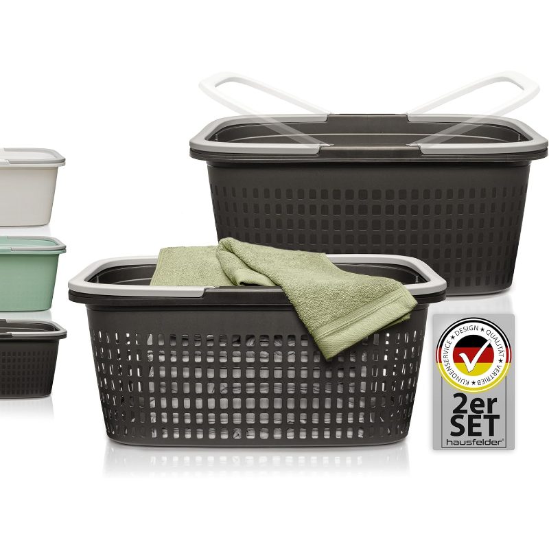Laundry Basket, Set Of 2, 58x37x25cm, Plastic Set Of 2 58x37x25cm Stackable With Handle Laundry Basket Plastic Basket Carrying Basket Handles Laundry Tub, Laundry Baskets