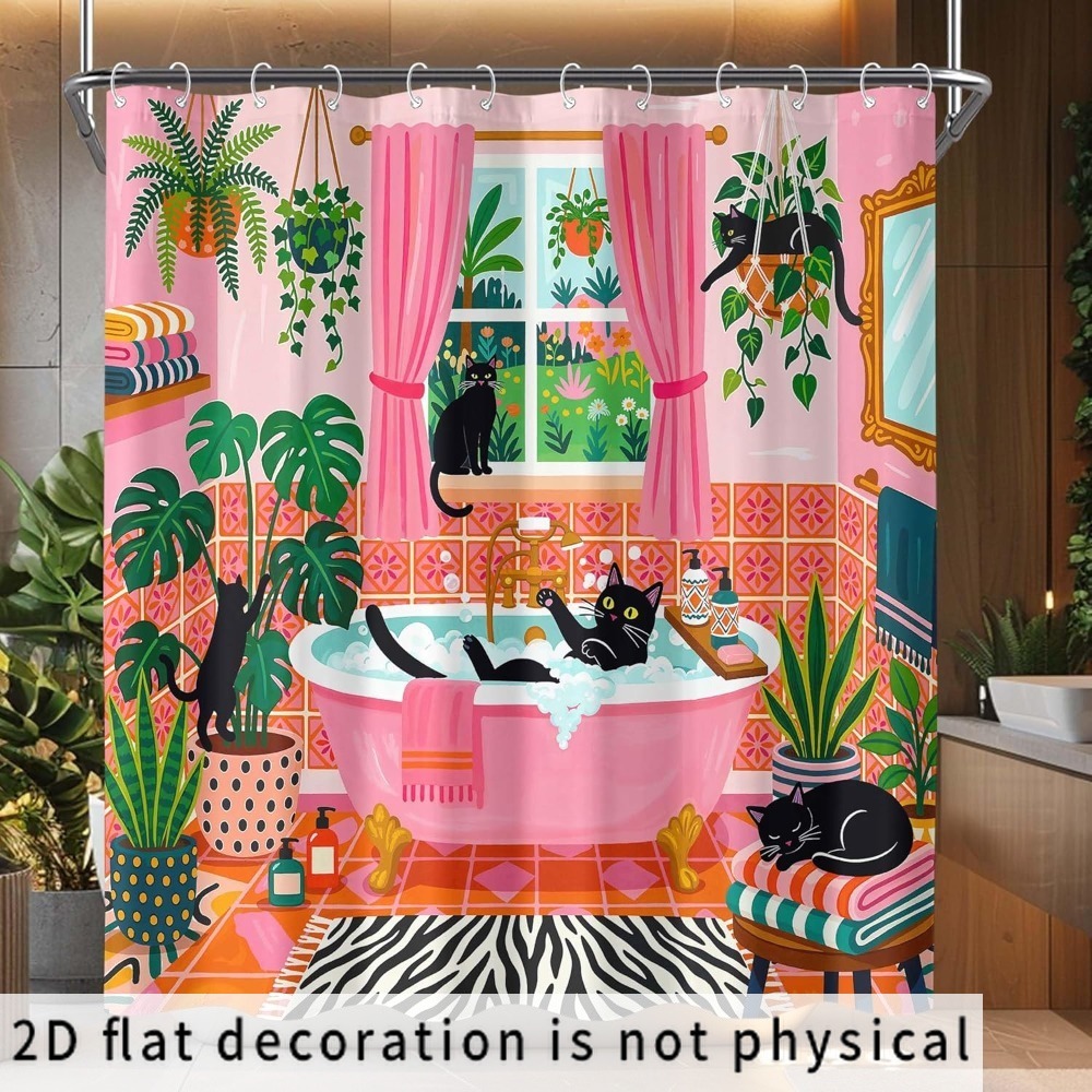 TEMU Rideau de douche plat 2D, 2D plat, 2D plat 1pc Chat drôle, rideaux de douche Boho mignons et amusants pour chats noirs, rideaux de douche pour