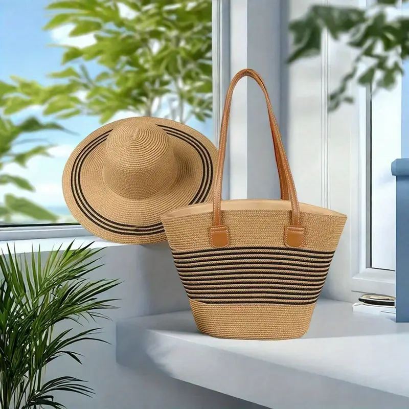 chapeau de paille pour femmes avec sac , chapeau de plage rayé dété à large bord et protection solaire pour en extérieure détails 4