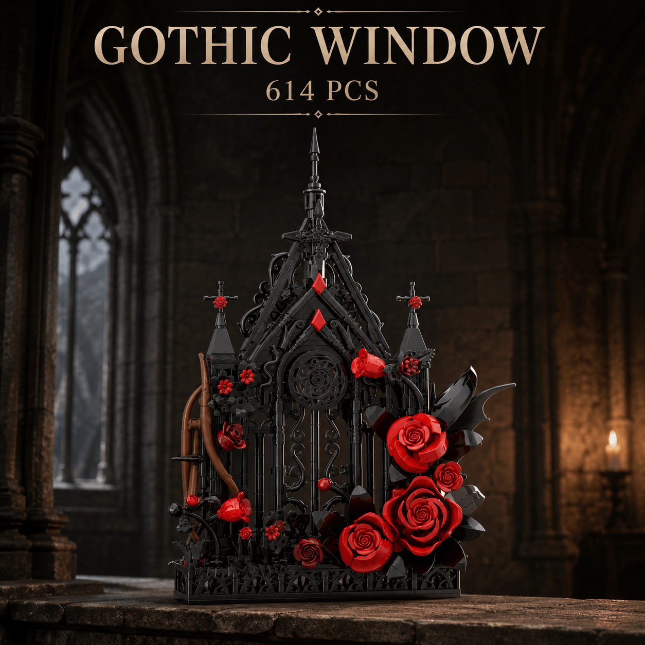 Image of 614pcs Gothic Window Architecture Set, Ornate Cathedral Window With Rose Details, Home Decor And Shelf Display