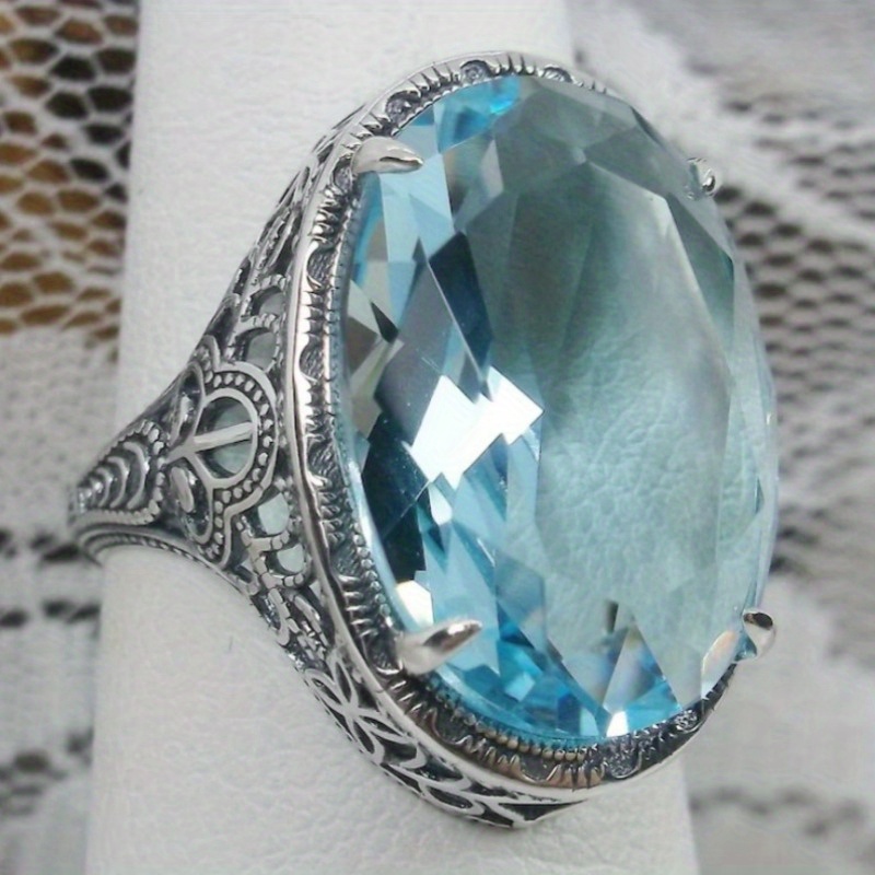 Vintage Aquamarine Ring Oval Simulated Blue Synthetic Gemstone Art Deco/vintage Ring