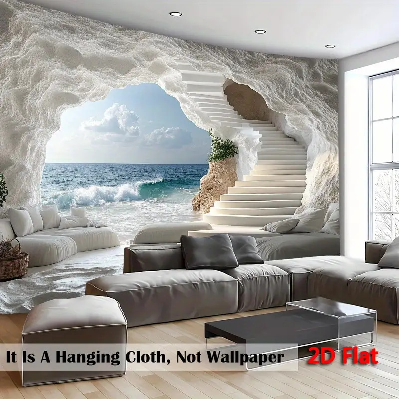 TEMU 2d Flat, Realistic 2d Flat Beach Window Scene Background - Beach Wallpaper Style Mural With White Ladder And Waves, Turquoise Sea, For Weddings,