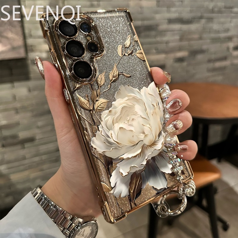 TEMU Phone Case - Golden Lotus White Flower Three-star Anti-fall Phone Case For S23 S23u S22 S22u S22p S24 S24u S24p S25p S25 S25u Men's And Women's