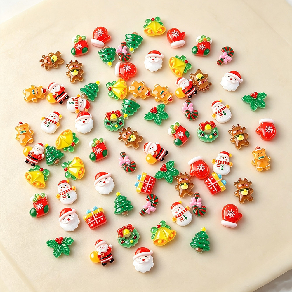 TEMU Christmas Mini Resin Flatback Charms, Assorted Santa Claus, Snowman, Elk, Gift Box, Candy Cane Xmas Ornaments, Small Holiday Resin Cabochons For