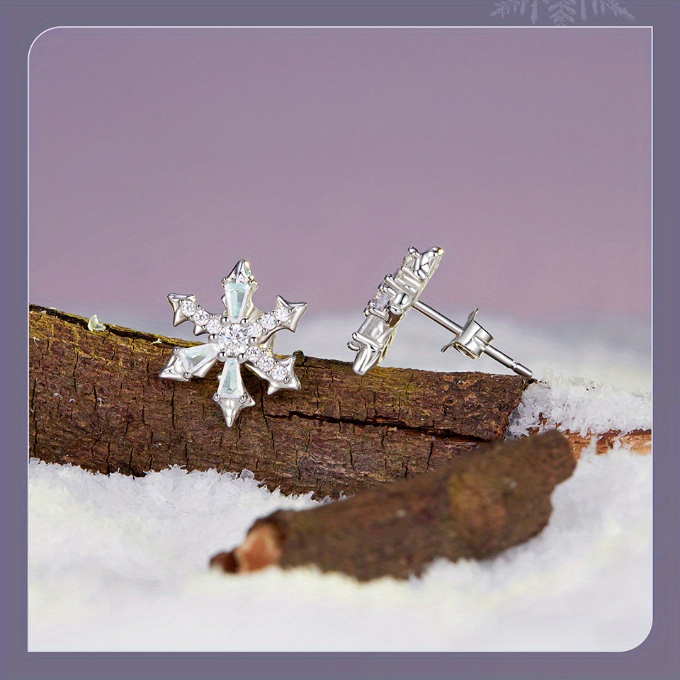 1 pair elegant luxury 925 sterling silver snowflake stud earrings, 3.5g synthetic zirconia, hypoallergenic women s jewelry for   & gift- , christmas season suitable details 6