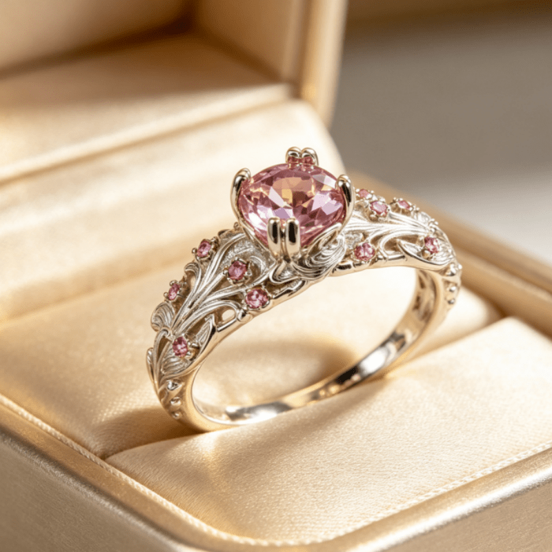 TEMU 1pc Women's Elegant Pink Zirconia Floral Ring - Jewelry, Pink Embellishment, Suitable For Weddings, Anniversaries