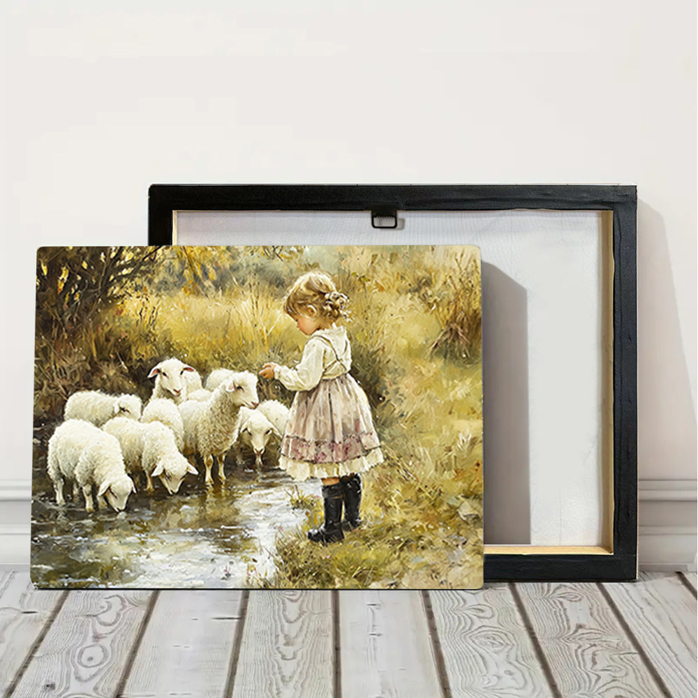 

1pc Lamb & Girl Canvas Wall Art - Rustic Farmhouse Scene With Autumn Foliage, 12x16" Print For Living Room, Bedroom, Office & Kitchen Decor, Farmhouse Rustic Decor, 2d, Room Decor