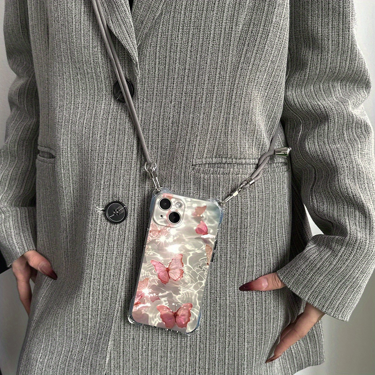 TEMU 1 Lanyard Phone Case With Water , Adjustable Single Shoulder Crossbody Strap In Grey, Outdoor Climbing Portable Four-point Belt Hanging Hole