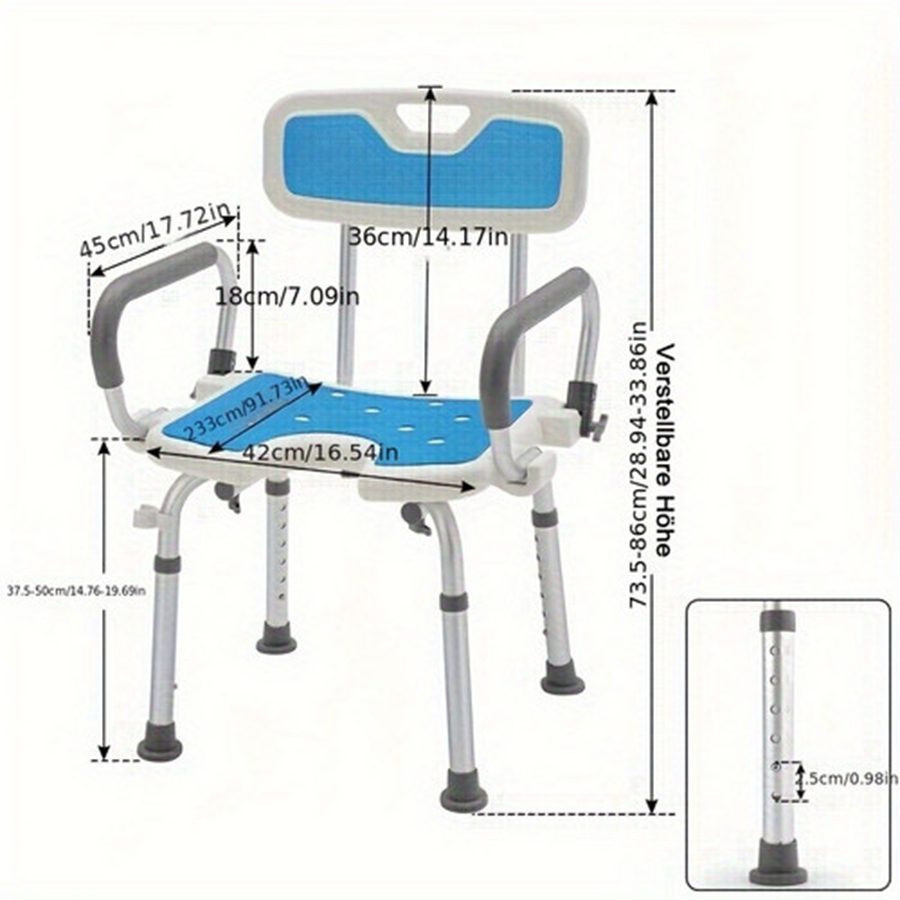 TEMU Taburete de ducha ajustable con reposabrazos y respaldo extraíbles, antideslizante, capacidad de carga de 150 kg