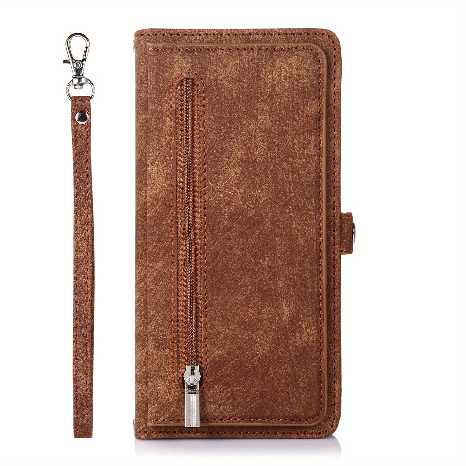 TEMU Phone Case - Brown Multifunctional Zippered Wallet Case With 9 Card Slots, Stylish And Luxurious Design, Versatile With A Stand Function,