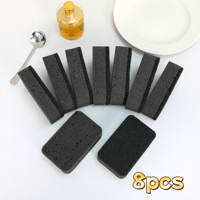 8pcs Black Thickened Seaweed Sponge Kitchen Cleaning Scrubber, Double-sided Dishwashing Sponge, Stain Removal, Durable, Oil
