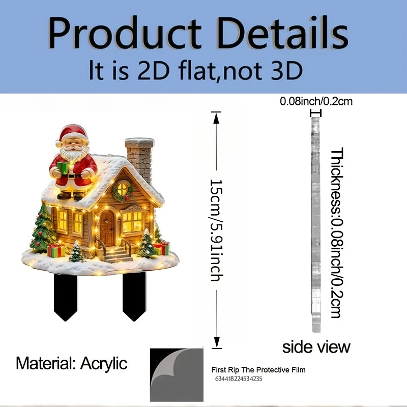 TEMU 2d Flat, 1pc Bohemian Light-up Snowy Christmas House Stake With Santa Claus Figure - -free Suitable For Outdoor/indoor Decoration, Winter Ground