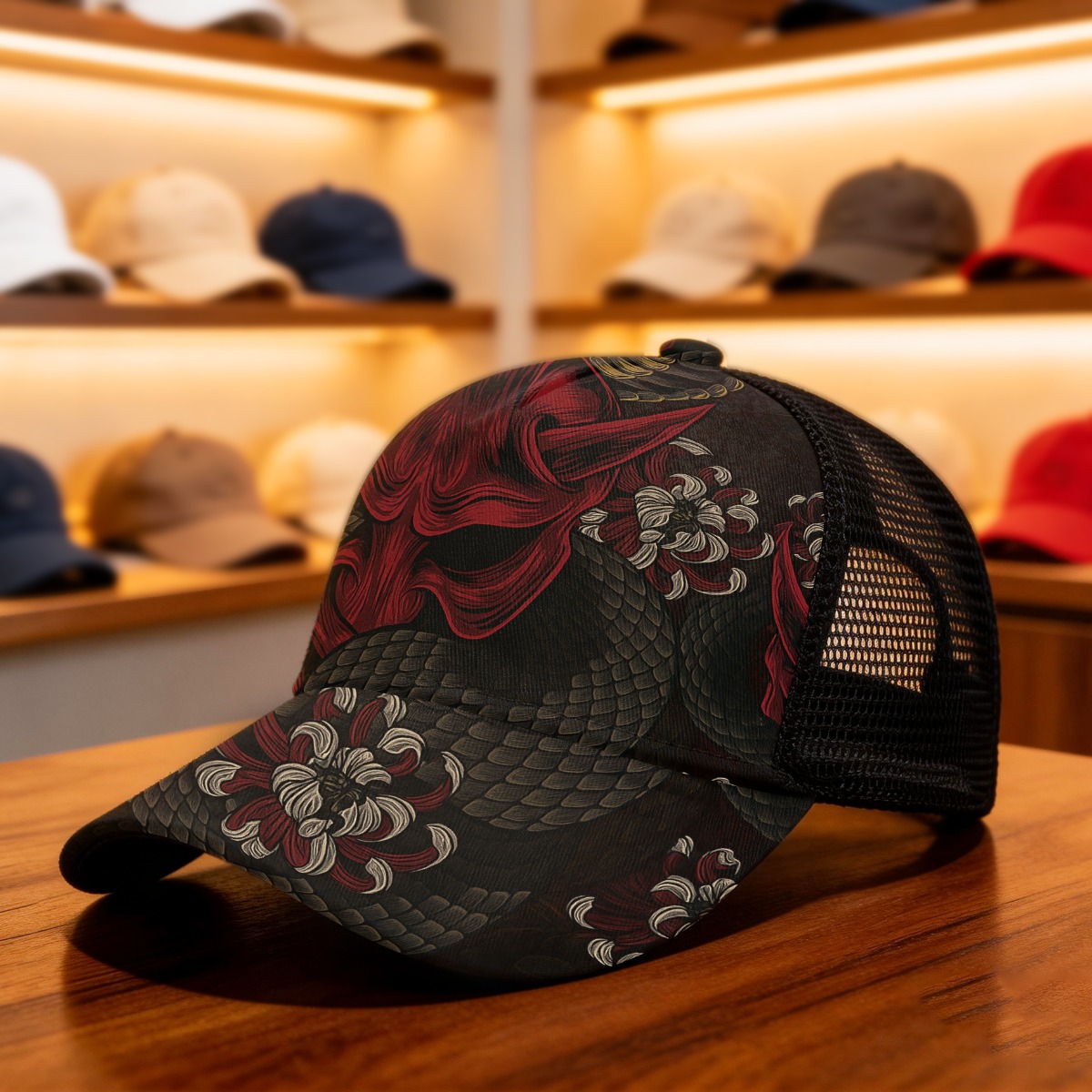 1 kos kapa z motivom tetovaže s kačo Oni in obližem krizanteme - Nastavljiva snapback kapa, lahka, pol-mrežasti rob, okrogel vrh, ulična kap
