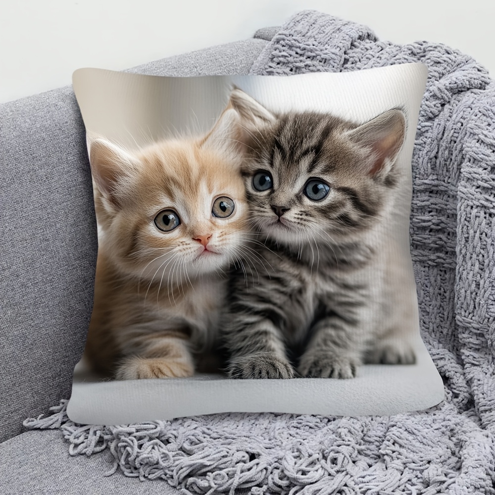 TEMU 2d Flat - 1pc, Traditional Style Pillowcase, Cute Kitten Design, Single-sided Short Plush Decorative Cushion Cover, Polyester Material, With