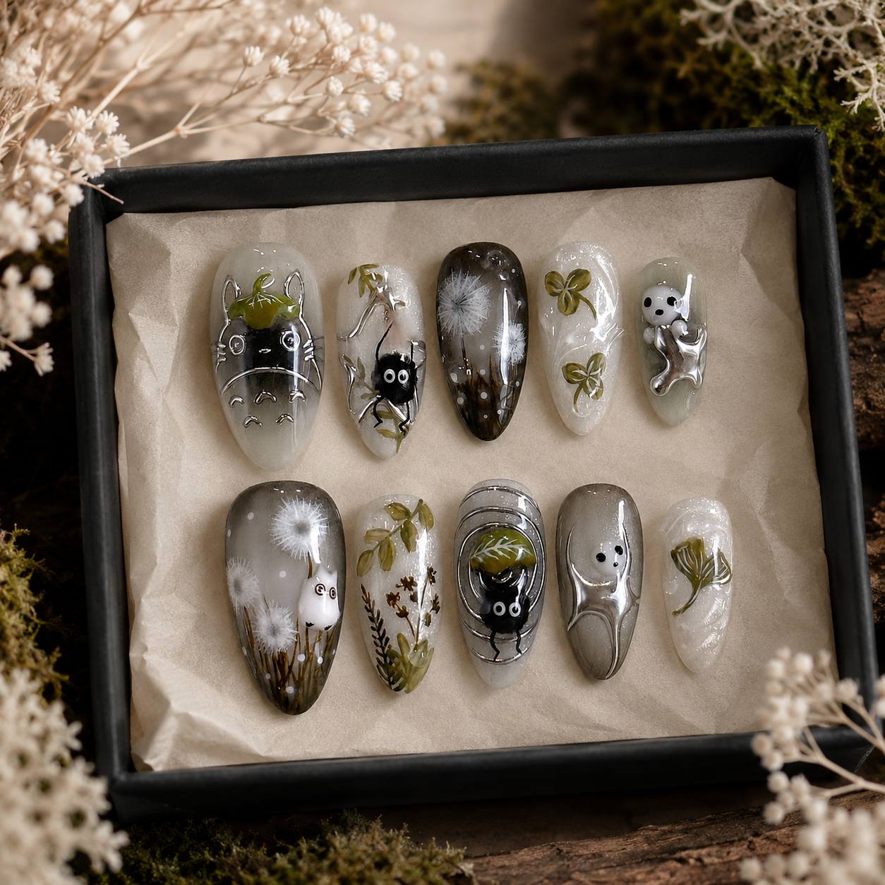 TEMU 24pcs Fantasy Forest Elf Press-on Nails, Medium Almond Shape Glossy False Nails, With Cute Black Creatures, Dandelions, Leaves, And Silvery