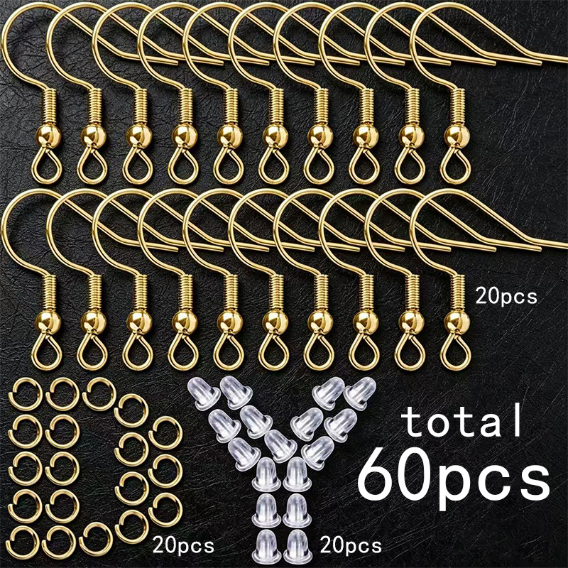 TEMU 60pcs Color-preserving Stainless Steel Ear Hooks Easy Earring Stand Making Additions [20pcs Ear Studs + 20pcs Ear Backs + 20pcs Open Rings], Ear