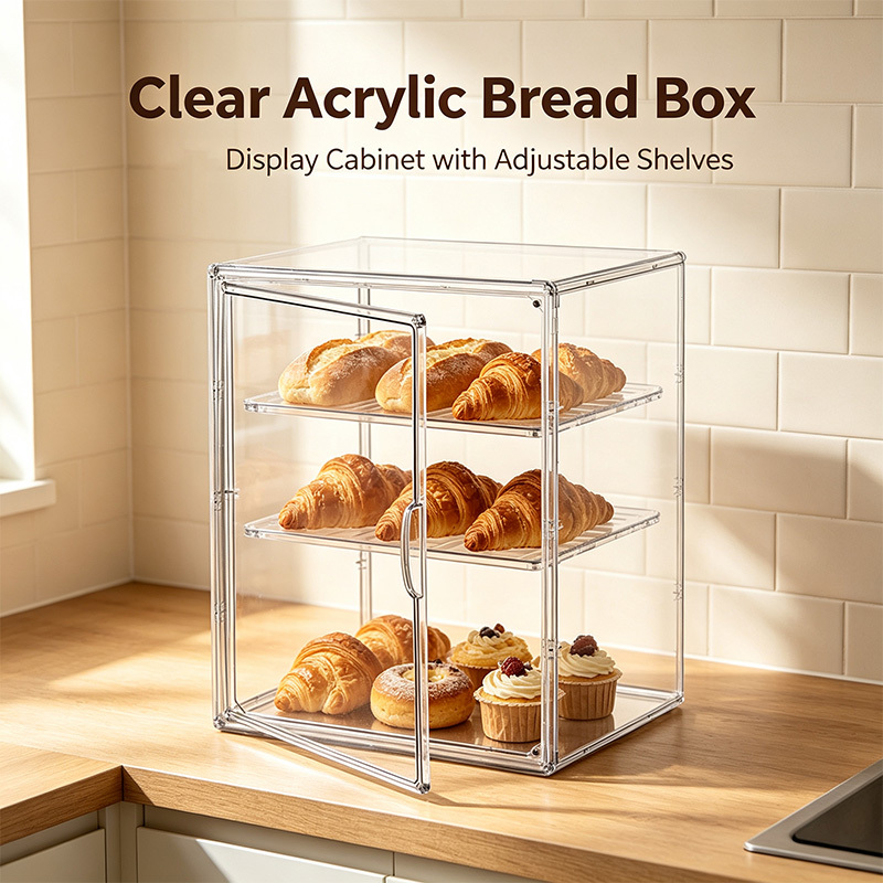 TEMU Large Clear Acrylic Bread Box With Magnetic Door, 4 Tier Adjustable Shelves Countertop Bakery Display Case For Bread, Pastries, Cupcakes, Fruit,