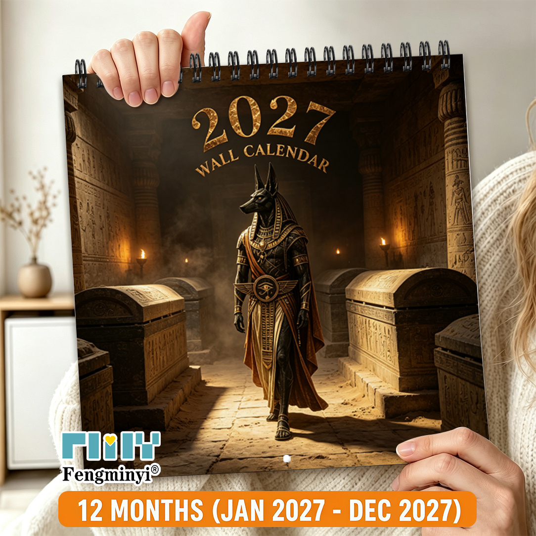 TEMU 2d Flat 1pc 2027 Wall Calendar, 8.3 X 8.3 Inch Square Black Spiral Bound Hanging 12-month Annual Organizer, Retro Ancient Egyptian Anubis Theme,