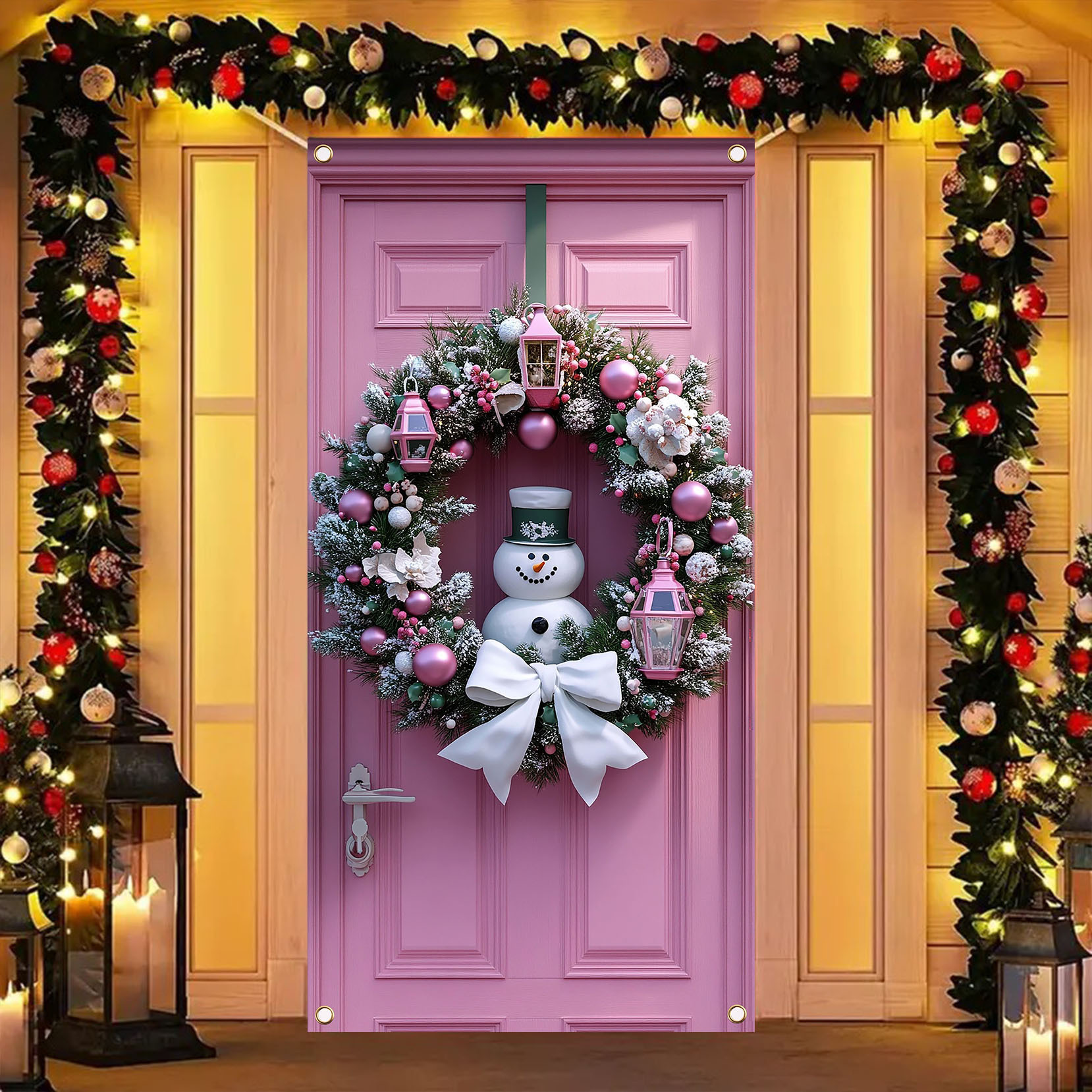 

1 Door Flag, Festive Pink Snowman, 35.4x70.8 Inch Polyester Christmas Banner With Winter Bow, , Indoor & Outdoor Holiday Decoration, No Power Required