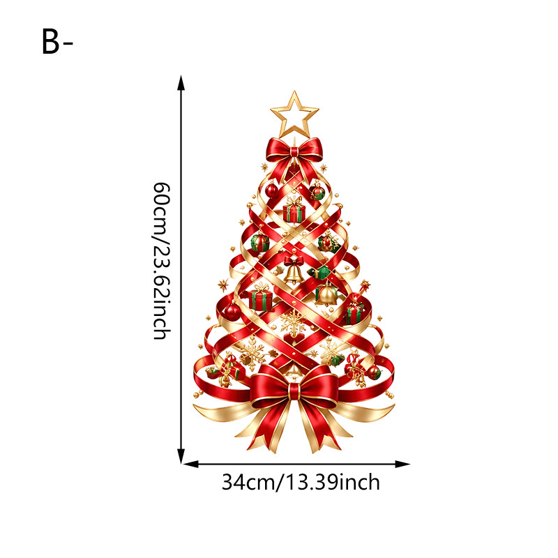 TEMU 1pc Red Golden Christmas Window Decal, Elegant Ribbon Tree Sticker With Bow, Bells, Gift Boxes, Snowflakes And Baubles, Festive Glass Decor For