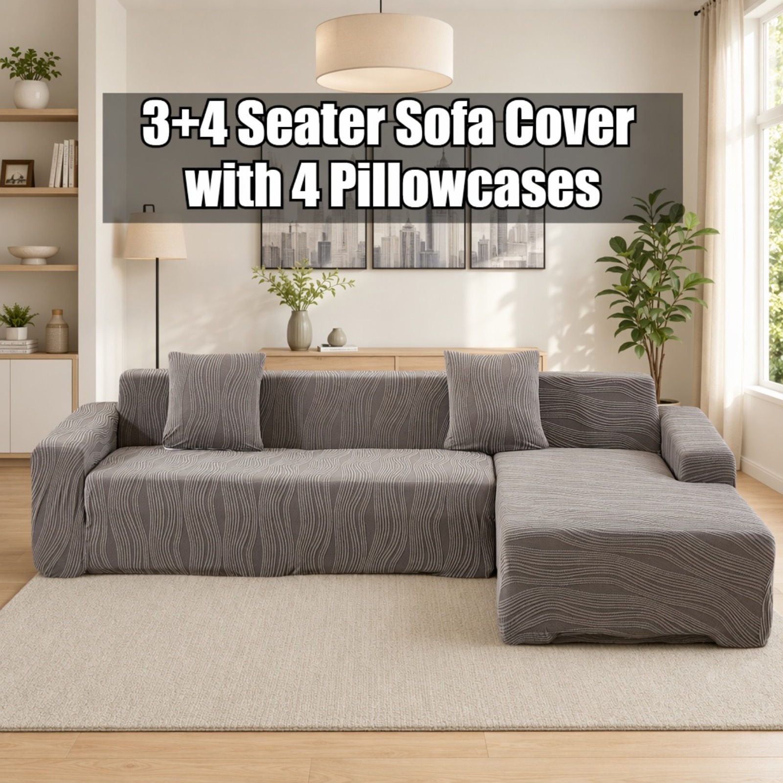 Jacquard Stretch Knit L Shape Sectional Sofa Slipcover With 4 Pillowcases, Anti-scratch Elastic Sofa Protector For 3+4 Seater Living Room L Sofa