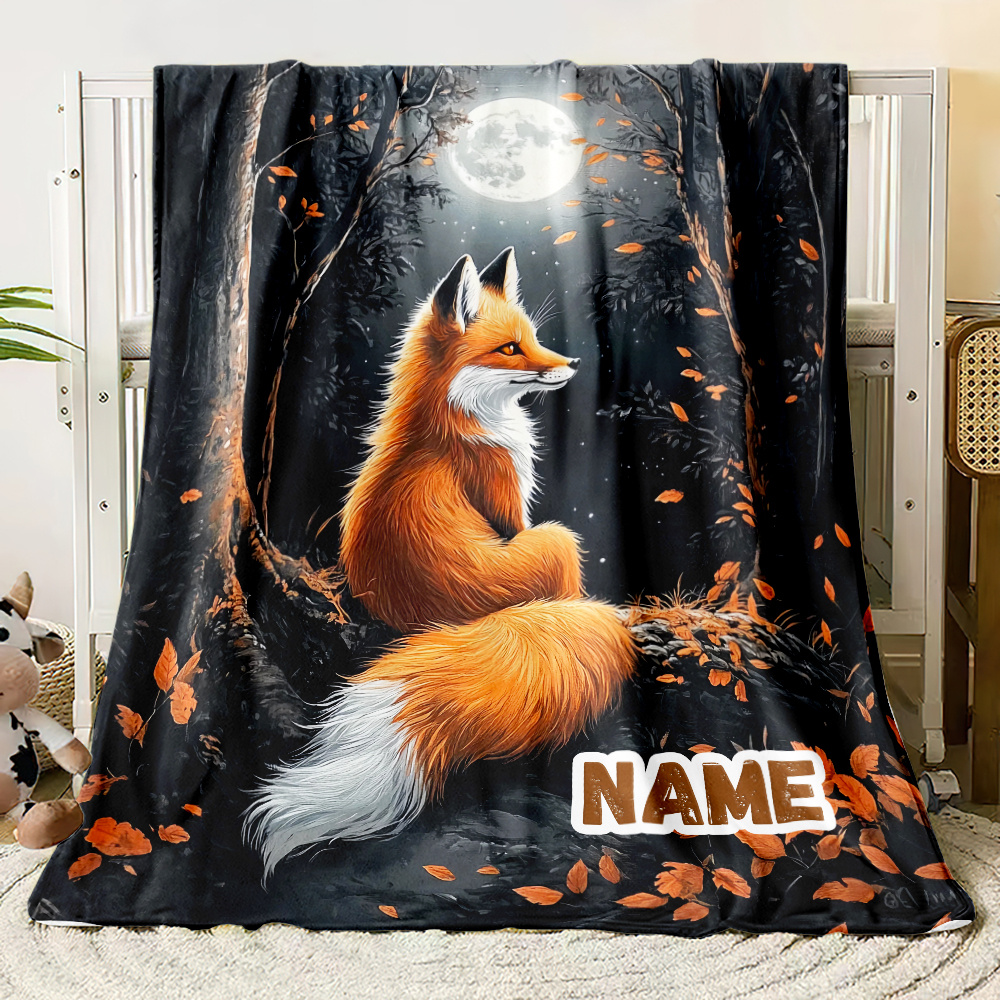 TEMU Couverture en Flanelle à Motif de Renard Personnalisée - Douce, Légère & Durable pour Canapé, Lit, Voyage & Bureau - Option de Nom Personnalisé,