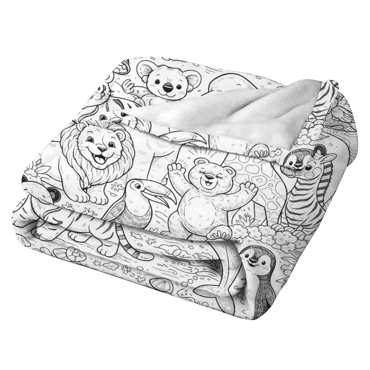 TEMU 1pc Animal Coloring Flannel Blanket Features Line-drawing Animal Paradise Patterns, Including Images Of Elephants, Giraffes, Pandas, And Other