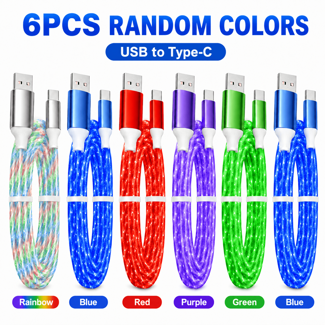 TEMU 6pcs Light Up Charging Cable Set, Random Color Usb To Type-c Cable, Led Luminous Phone Charger Cord With Colorful Glow Design, Portable Data