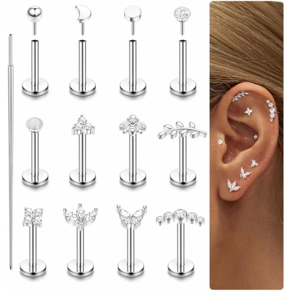 Image of 2d Flat - 16g/20g Labret Piercing Jewelry Surgical Steel Internally Tragus Stud Earrings Cz Silvery/golden Flat Back Earrings Tragus Helix Cartilage Conch Nose Piercing Jewelry 6mm
