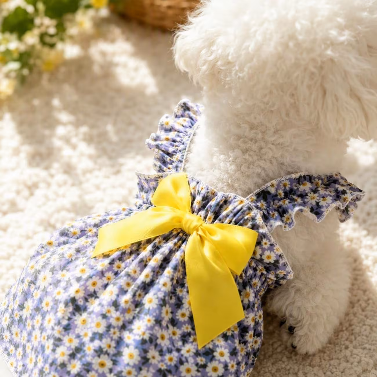 1pc small dog summer dress floral printed ruffle strap pet cami dress with back bow cute puppy clothes for bichon poodle daily outfit Product details 7